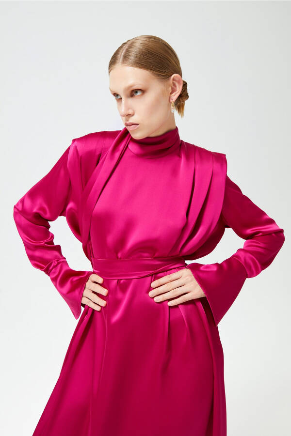 Satin Dress with Cuffed Sleeves - 10