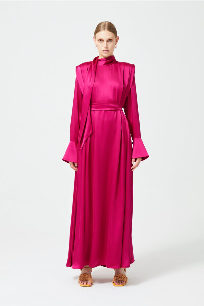 Satin Dress with Cuffed Sleeves - 11