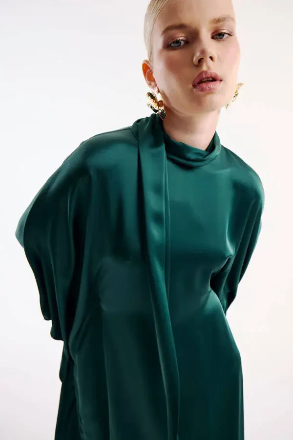 Satin Dress with Neck Tie Duck Green - 2