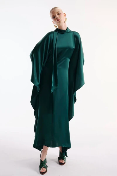 Satin Dress with Neck Tie Duck Green - 3