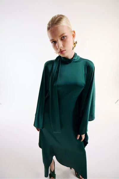 Satin Dress with Neck Tie Duck Green - 4