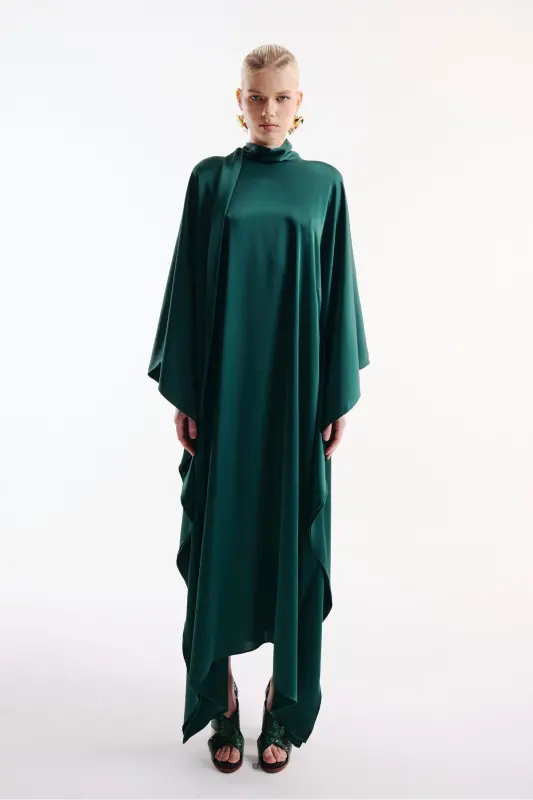 Satin Dress with Neck Tie Duck Green - 1