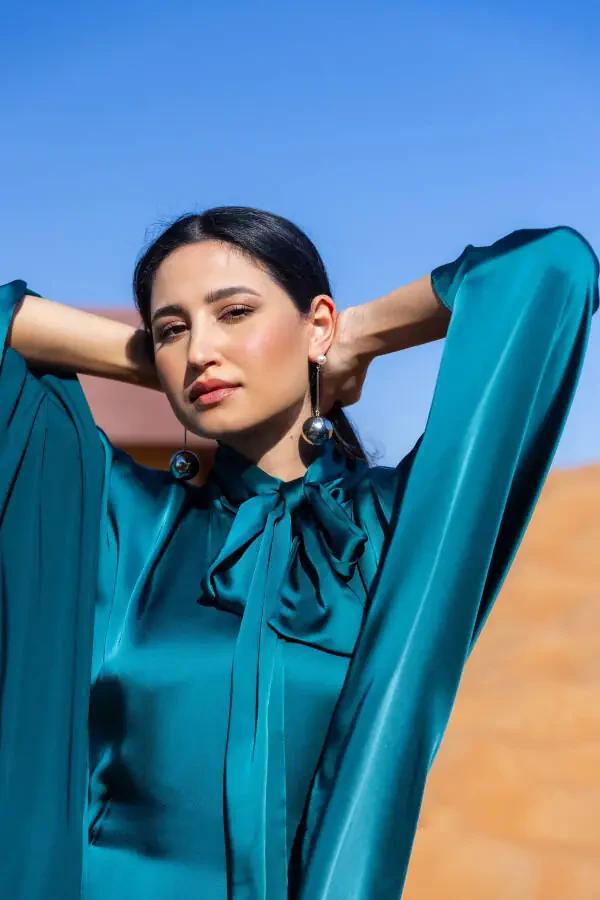 Satin Dress with Neck Tie Duck Green - 8