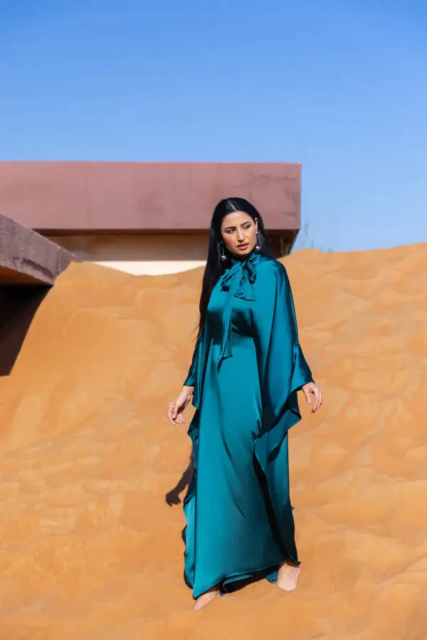 Satin Dress with Neck Tie Duck Green - 9