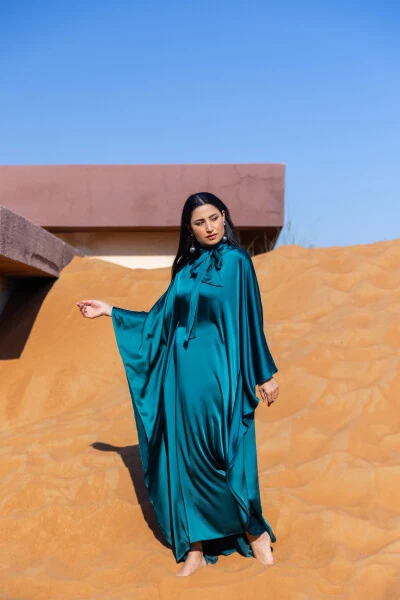 Satin Dress with Neck Tie Duck Green - 10