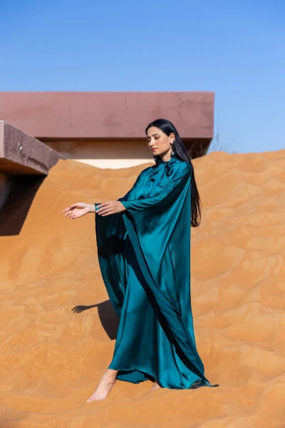 Satin Dress with Neck Tie Duck Green - 11