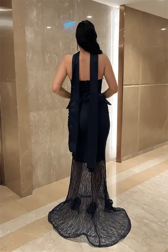 Satin Evening Dress with Lace Detail - NAVY BLUE - 5