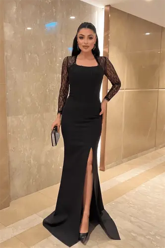 Satin Evening Dress with Lace Detailed Corset - BLACK - 1