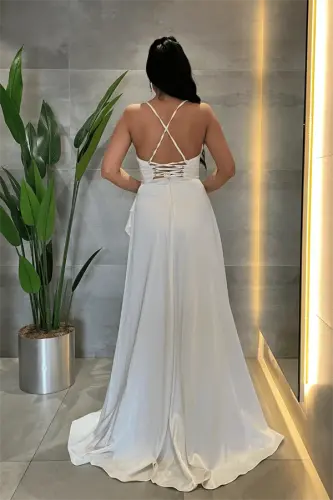 Satin Evening Dress with Lace-Up Back - WHITE - BÜYÜKBEDENIZ (1)