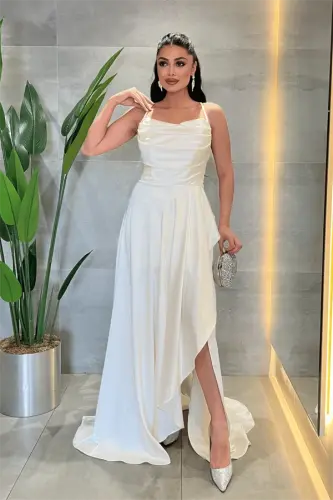 Satin Evening Dress with Lace-Up Back - WHITE - 4