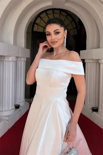 Satin Fabric Asymmetric Cut Evening Dress - WHITE - 4