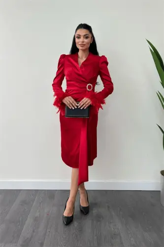 Satin Fabric Austria Detailed Pencil Dress - RED - 1