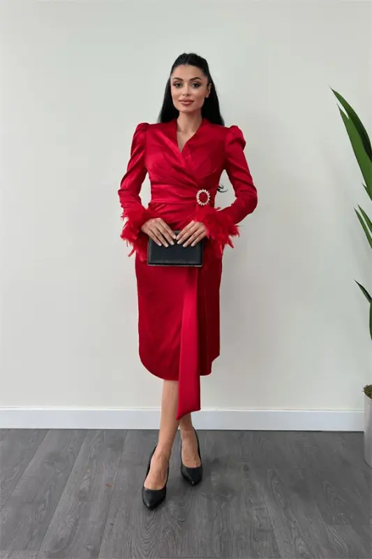 Satin Fabric Austria Detailed Pencil Dress - RED - BÜYÜKBEDENIZ