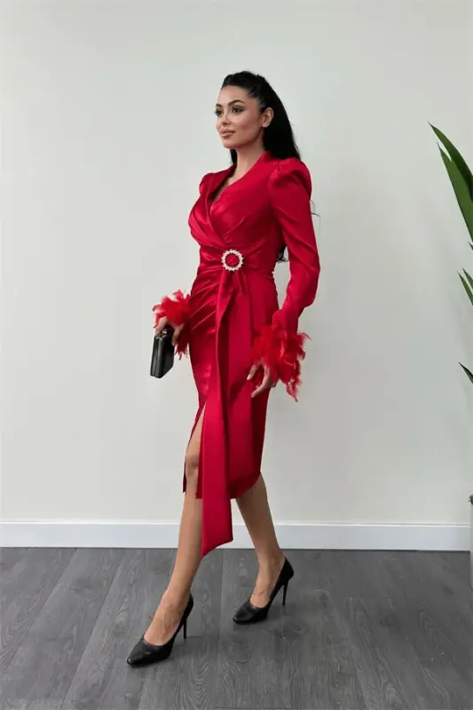 Satin Fabric Austria Detailed Pencil Dress - RED - 2