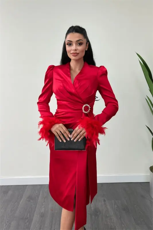 Satin Fabric Austria Detailed Pencil Dress - RED - 3