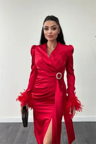 Satin Fabric Austria Detailed Pencil Dress - RED - 4