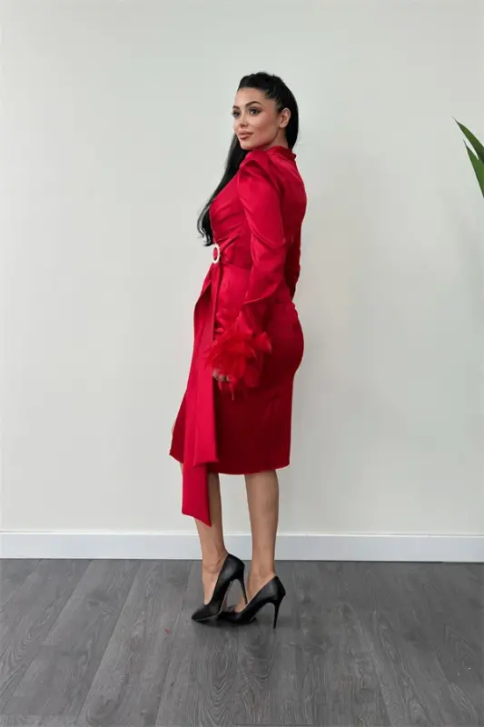 Satin Fabric Austria Detailed Pencil Dress - RED - 5