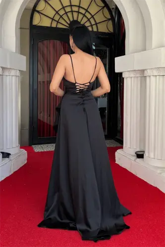 Satin Fabric Back Lace-up Evening Dress - BLACK - 5