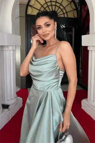 Satin Fabric Back Lace-up Evening Dress - CHERRY - 3