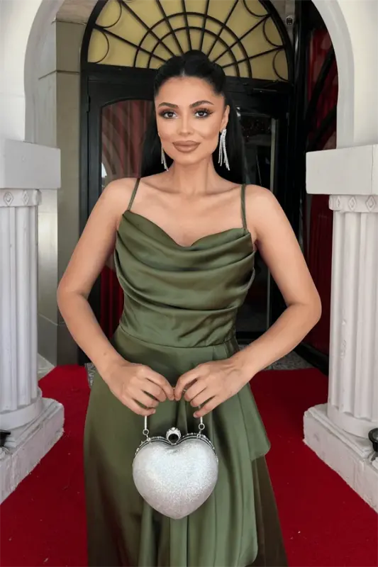Satin Fabric Back Laced Evening Dress - KHAKI GREEN - 4