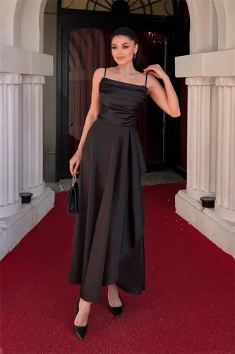 Satin Fabric Back Rope Detailed Asymmetry Cut Dress - BLACK - 1