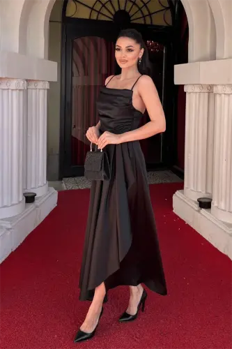 Satin Fabric Back Rope Detailed Asymmetry Cut Dress - BLACK - BÜYÜKBEDENIZ (1)