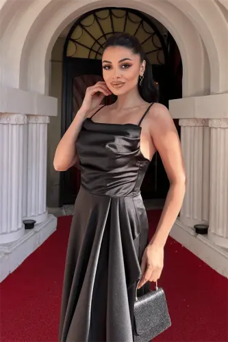 Satin Fabric Back Rope Detailed Asymmetry Cut Dress - BLACK - 3