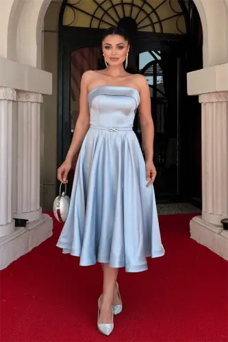 Satin Fabric Back Rope Detailed Midi Dress - BABY BLUE - 1