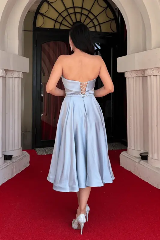 Satin Fabric Back Rope Detailed Midi Dress - BABY BLUE - 5