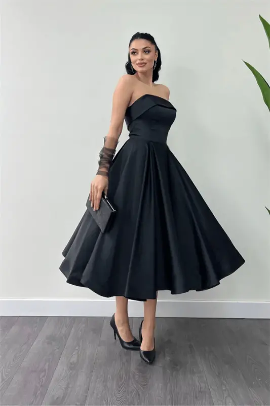 Satin Fabric Back Rope Detailed Midi Dress - BLACK - 2