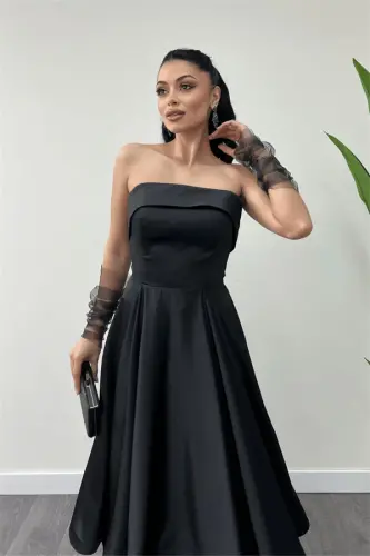 Satin Fabric Back Rope Detailed Midi Dress - BLACK - 4