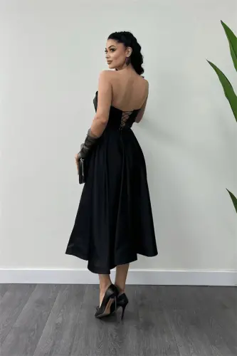 Satin Fabric Back Rope Detailed Midi Dress - BLACK - 5