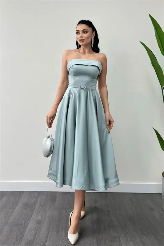 Satin Fabric Back String Detailed Midi Dress - MINT GREEN - 5