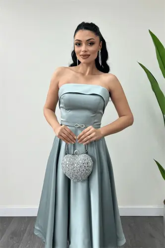 Satin Fabric Back String Detailed Midi Dress - MINT GREEN - 7