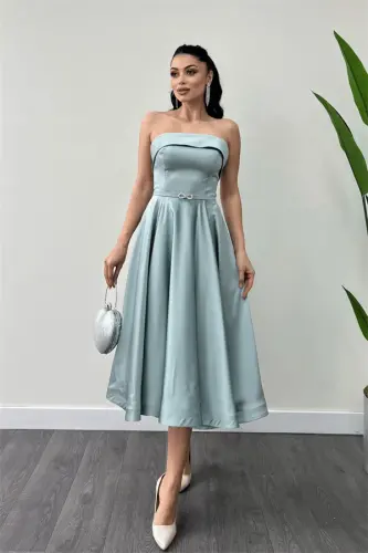 Satin Fabric Back String Detailed Midi Dress - MINT GREEN - 1