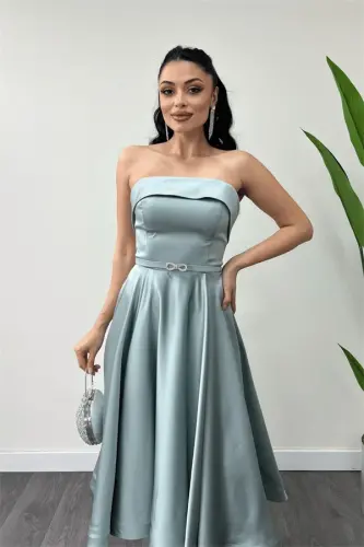 Satin Fabric Back String Detailed Midi Dress - MINT GREEN - 4