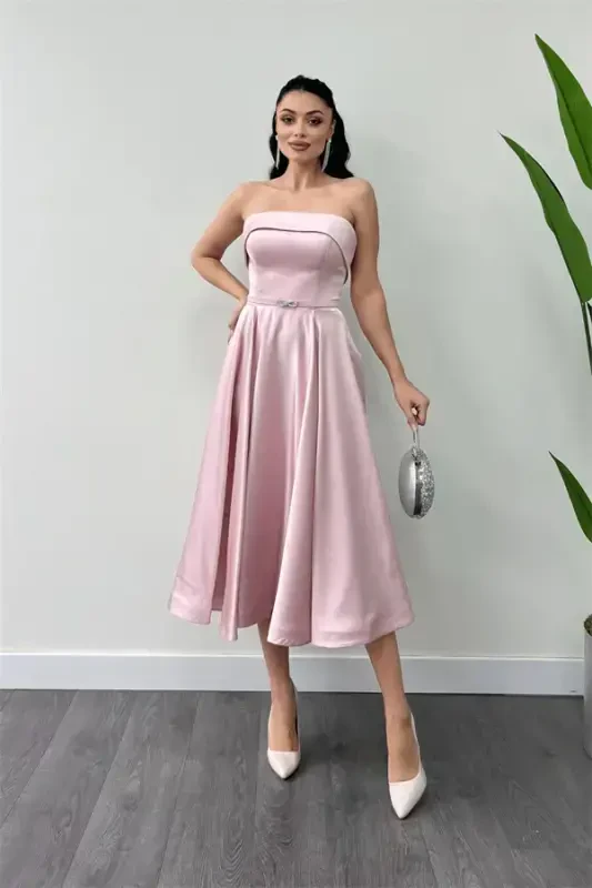 Satin Fabric Back Tie Detail Midi Dress - POWDER - BÜYÜKBEDENIZ