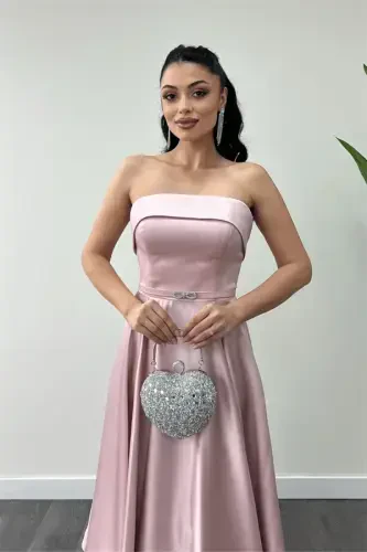 Satin Fabric Back Tie Detail Midi Dress - POWDER - 2