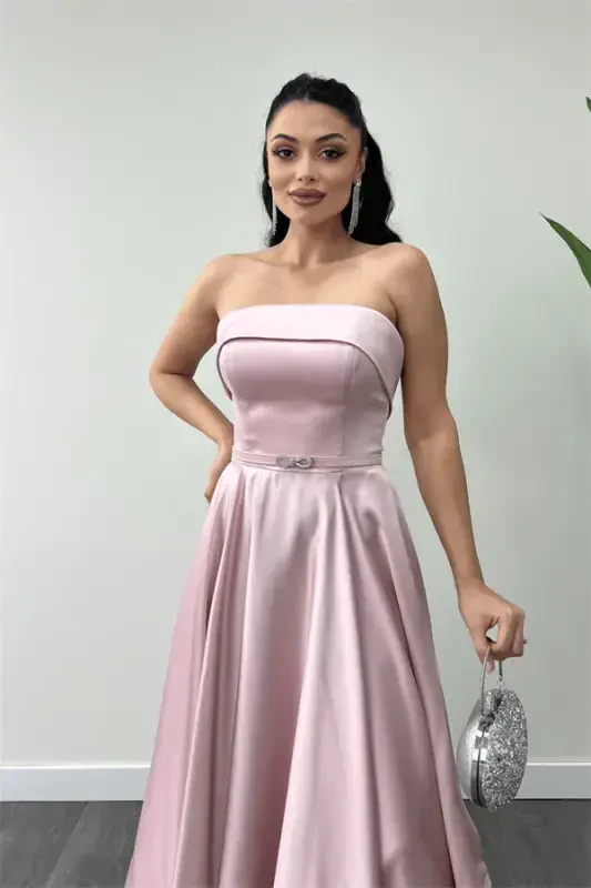 Satin Fabric Back Tie Detail Midi Dress - POWDER - 3