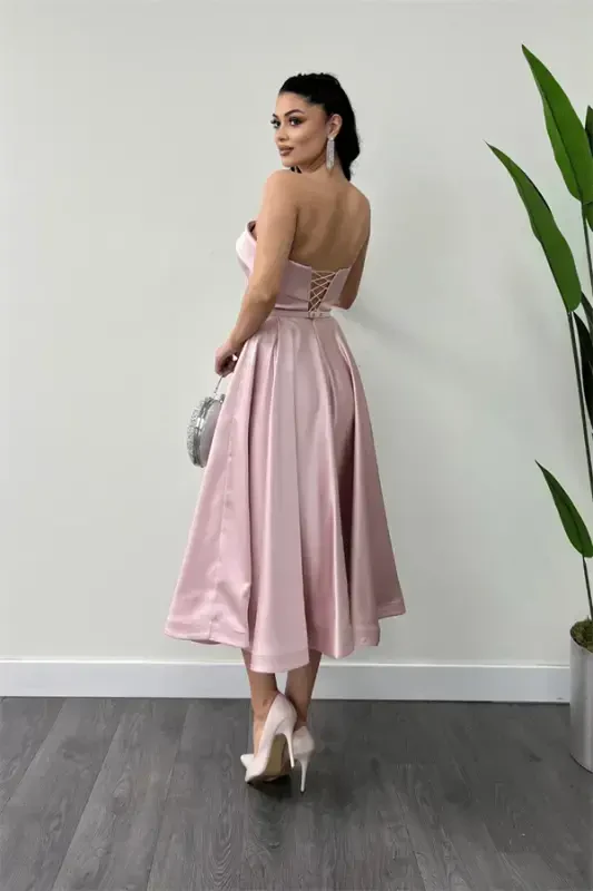 Satin Fabric Back Tie Detail Midi Dress - POWDER - 4