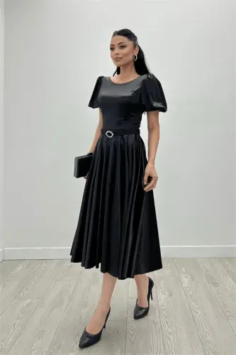Satin Fabric Balloon Sleeve Midi Dress - BLACK - 3