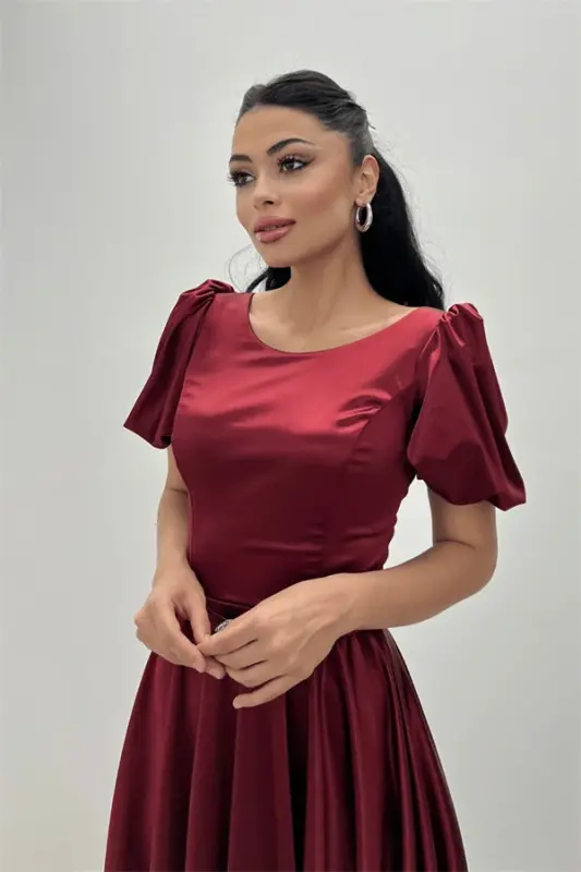 Satin Fabric Balloon Sleeve Midi Dress - BURGUNDY - 2