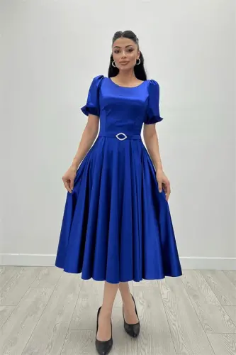 Satin Fabric Balloon Sleeve Midi Dress - SAPPHIRE BLUE - 3