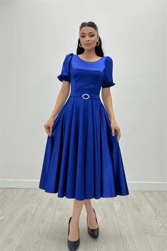 Satin Fabric Balloon Sleeve Midi Dress - SAPPHIRE BLUE - 3