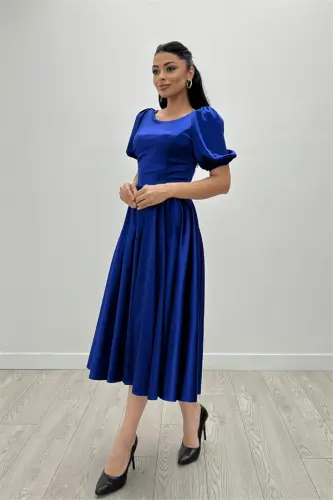 Satin Fabric Balloon Sleeve Midi Dress - SAPPHIRE BLUE - 4