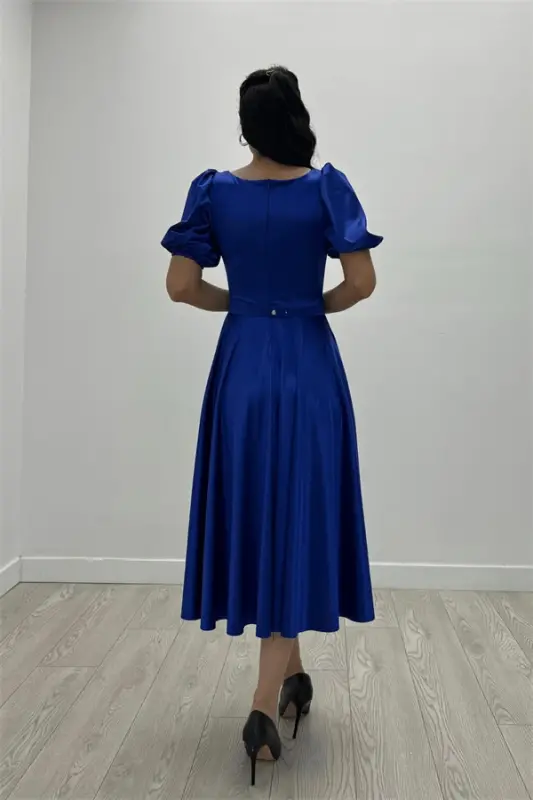 Satin Fabric Balloon Sleeve Midi Dress - SAPPHIRE BLUE - 5