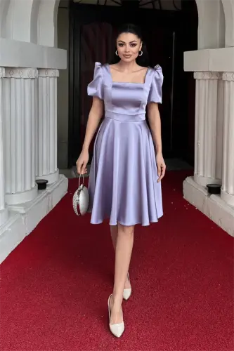 Satin Fabric Balloon Sleeve Mini Dress - LILAC - 1