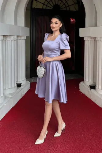 Satin Fabric Balloon Sleeve Mini Dress - LILAC - BÜYÜKBEDENIZ (1)
