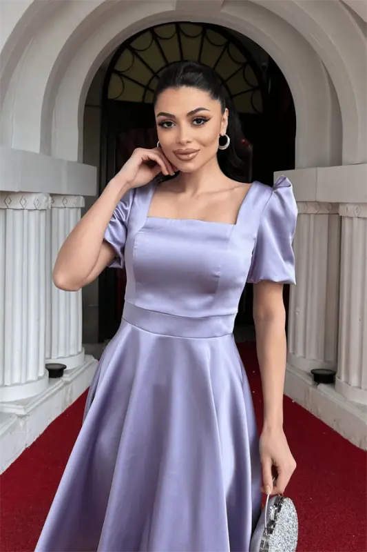 Satin Fabric Balloon Sleeve Mini Dress - LILAC - 3
