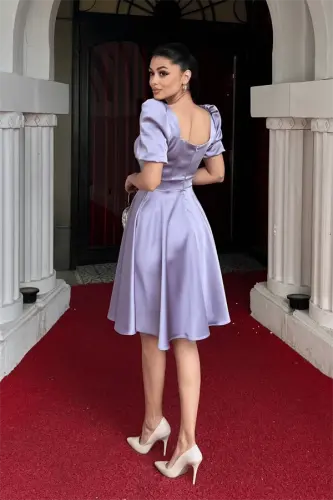 Satin Fabric Balloon Sleeve Mini Dress - LILAC - 5